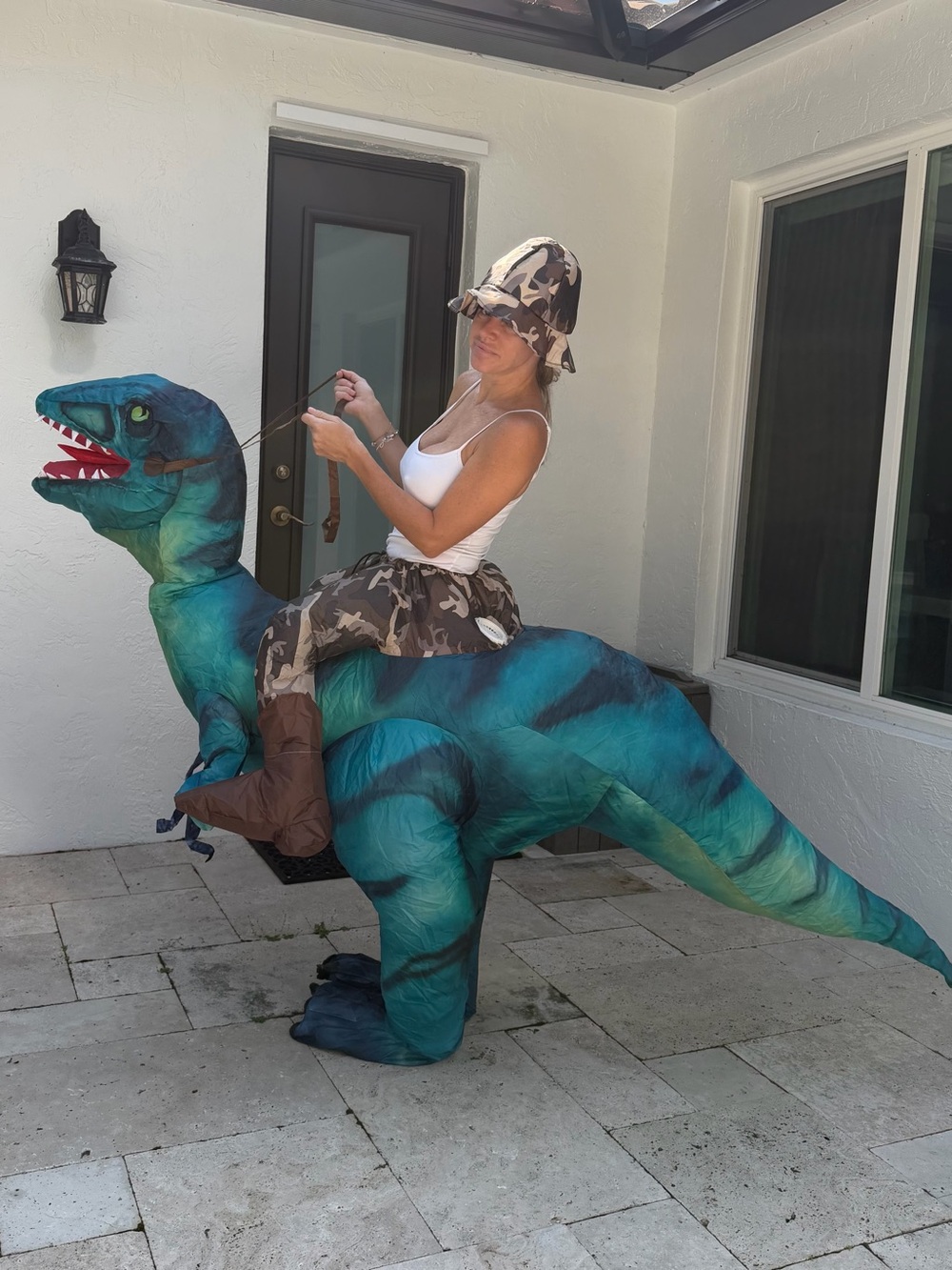Inflatable Teal Dinosaur Adult Costume with camo hat for Halloween